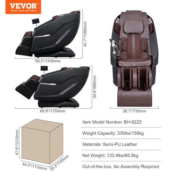 Massagestol med SL Flexible Track - VEVOR - 3D Shiatsu Massager - Uppvärmning, Bluetooth-högtalare, Luftkudde