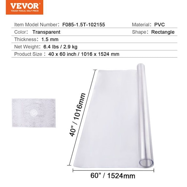Transparent PVC Bordsduk - VEVOR - 1016x1524 mm - Tjocklek 1,5 mm - Rektangulär - Vattentålig - Lätt att rengöra