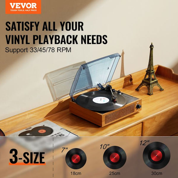 Fonograf-VEVOR-3 Speeds Player-integrerade stereohögtalare 3 W-33/45/78 rpm-Bluetooth Aux RCA-Vinylskivor 18/25/30 cm