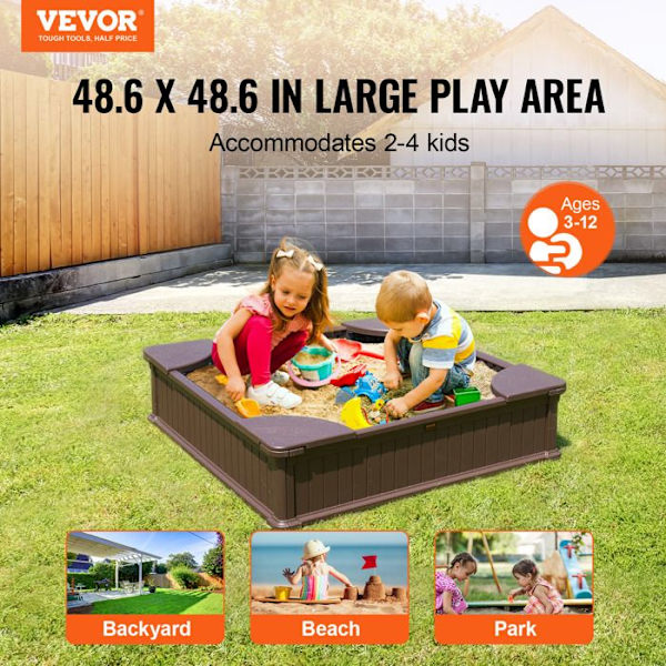 Sandlåda med lock-VEVOR-1235 x 1235 x 315 mm-för utomhusträdgård, strand, park, present till barn 3 till 12 år gammal-brun kastanj