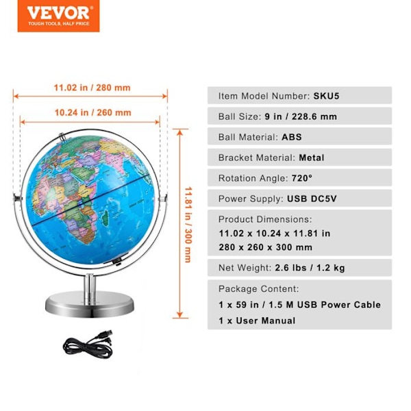 Upplyst jordklot med stativ-VEVOR-228,6 mm-rotation-LED-Heavy Metal Base-Learning Geografi i klassen