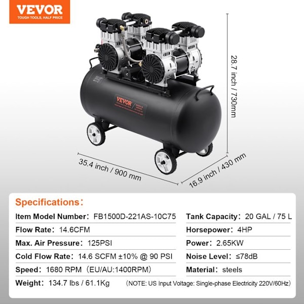 Oljefri luftkompressor - VEVOR - 75 L ståltank - 2,65 kW - för bilreparation, däckpumpning, spraymålning