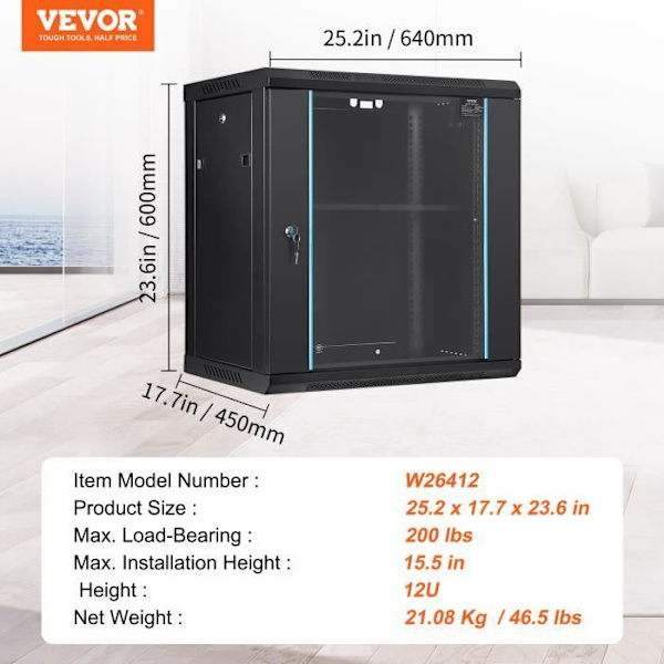 Nätverksserverskåp 12U-VEVOR-394 mm Last 90 kg - för datorutrustning, audiovisuella enheter