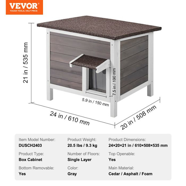 Väderbeständigt utomhus katthus-VEVOR-610x508x535 mm-Rymligt tvåvånings träskydd för katter