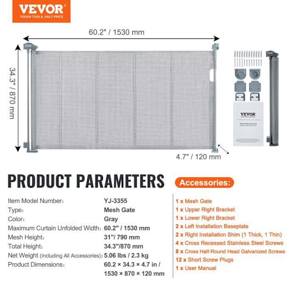 Hundskyddsgrind - VEVOR - 1530 x 870 x 120 mm, Grå, 87 cm utdragbar, för barn Hundar Katter Korridor Trappor Vardagsrum