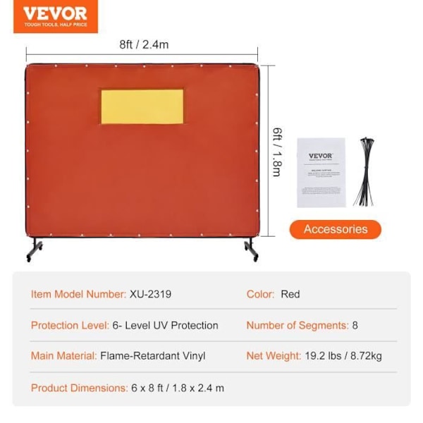 Svetsgardin - VEVOR - 1,8x2,4 m 8,72 kg, Med ram, 4 hjul, Röd, flamskyddad vinyl, för Verkstad, Industri