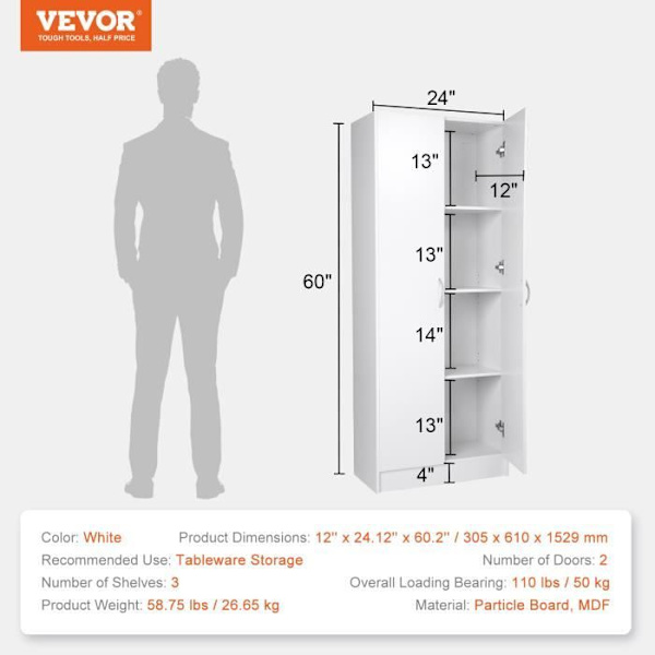 Träskänk - VEVOR - 305 x 610 x 1529 mm, Lastkapacitet 50 kg, med 3 hyllplan (2 justerbara), spånskiva, vit