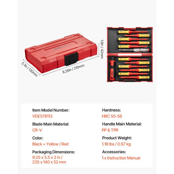 Isolergängsset - VEVOR - 16 st - Isolerade verktyg för professionella elektriker 1000 V - med magnetiska bits