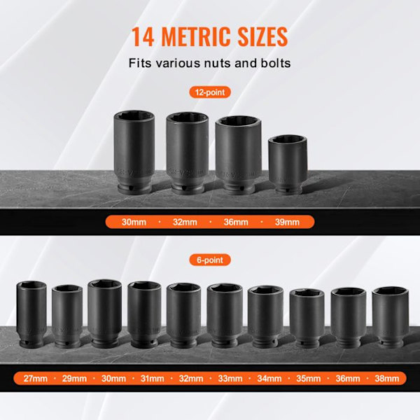 Deep Impact Socket Set för axelmuttrar 14st-VEVOR-Reparationsmonterings- och demonteringsverktyg