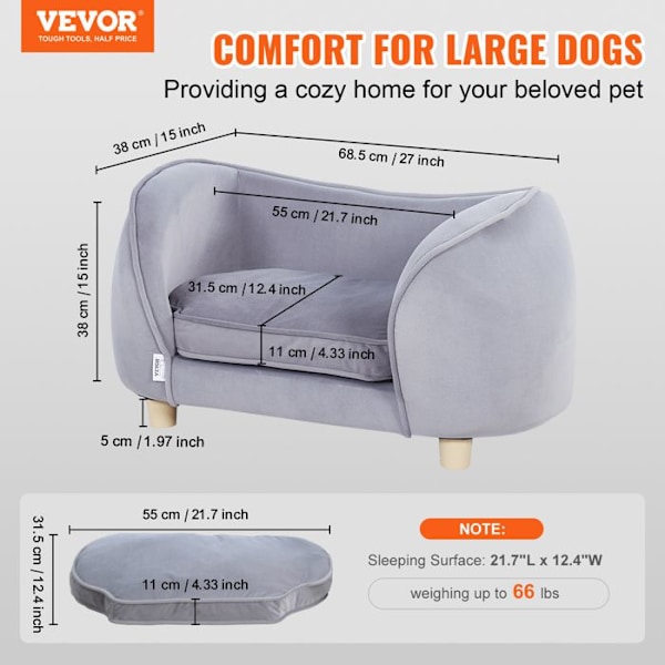Husdjurssoffa - VEVOR - Mjuk sammet - Belastning 30 kg - Bekväm - 68,5 x 38 x 38 cm - Husdjur - Grå