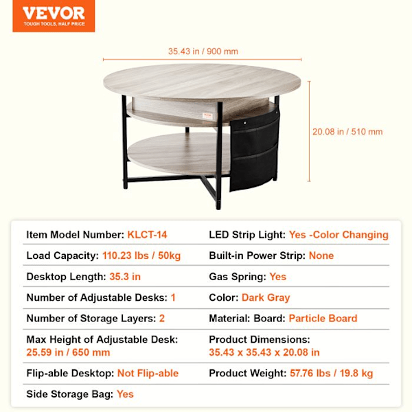 Soffbord med hissskiva-VEVOR-900 x 900 x 510 mm-Pop-up-soffbord för vardagsrum-Mörkgrå