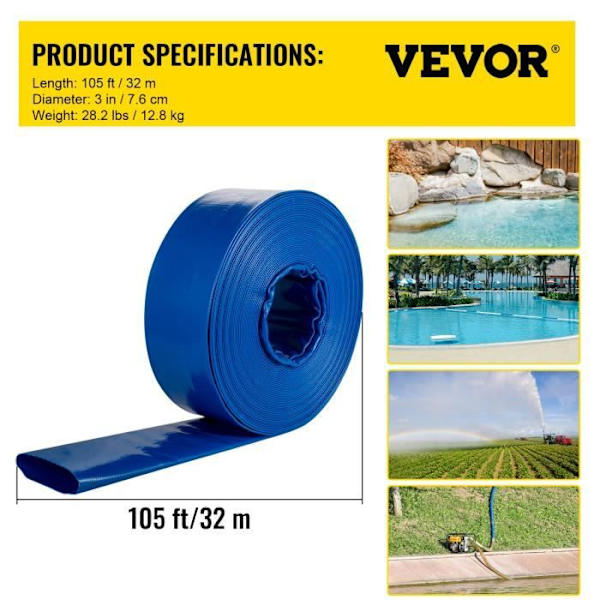 Utloppsslang-VEVOR-76 mm x 32 m PVC-tyg platt slang, väder- och sprängbeständig-för pool