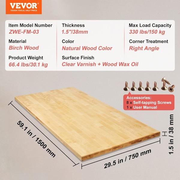 Skrivbordsbräda -VEVOR- 1500x750x38 mm-Belastning 100 kg-för justerbart elektriskt ståbord, bänkskiva, matbord