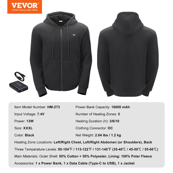 Uppvärmd hoodie-VEVOR-Unisex uppvärmd tröja med 7,4 V termojacka med batteridragkedja med 5 värmezoner Svart XXXL