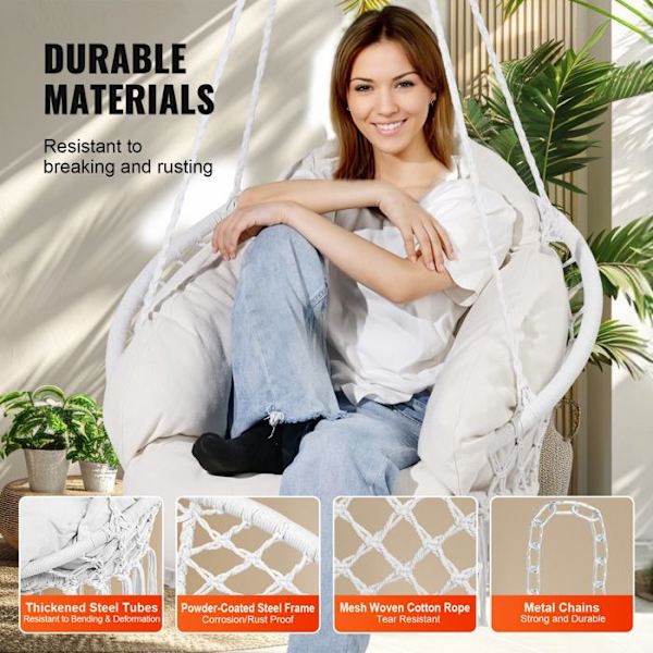 Hängfåtölj-VEVOR-Macramé Swivel Hängstol, Dyna-för sovrum, Terrass, Trädgård, Inomhus, Utomhus-Vit