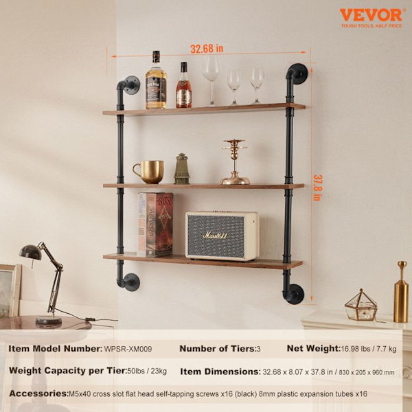 Industriell fyrkantig rörform Hylla-VEVOR-3 våningar-32" x 8"-Kök, sovrum, badrum, vardagsrum
