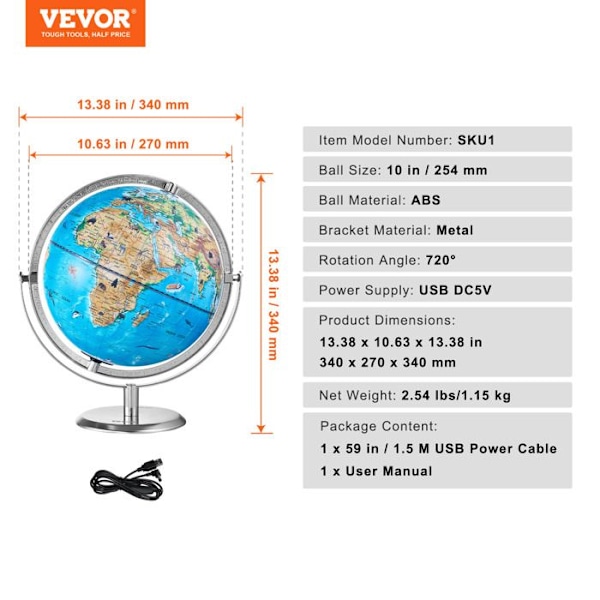 Upplyst jordklot med stativ-VEVOR-AR Interactive-254mm-Rotation-LED-Heavy Metal Base-Android- eller iOS-enheter