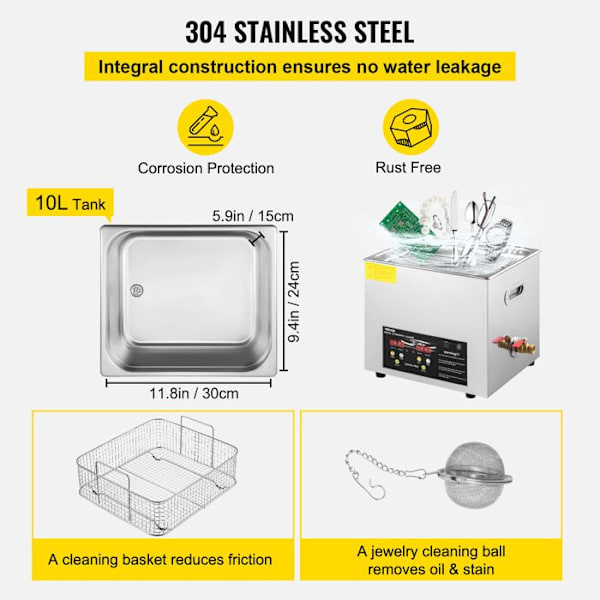 Digital ultraljudsrengörare -VEVOR-10 L, 400 W värme, 240 W ultraljud, ultraljudsbricka med värme