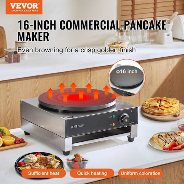 Elektrisk Crepe Maker 40 cm-VEVOR-1700 W-in rostfritt stål-med temperaturkontroll, restaurang