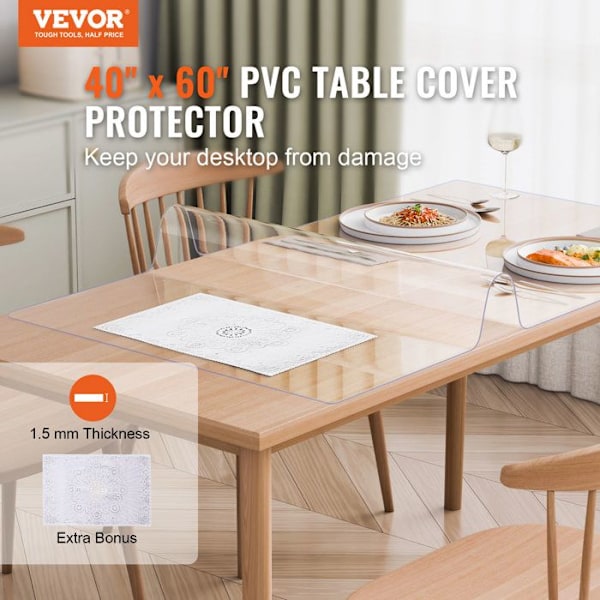 Transparent PVC Bordsduk - VEVOR - 1016x1524 mm - Tjocklek 1,5 mm - Rektangulär - Vattentålig - Lätt att rengöra