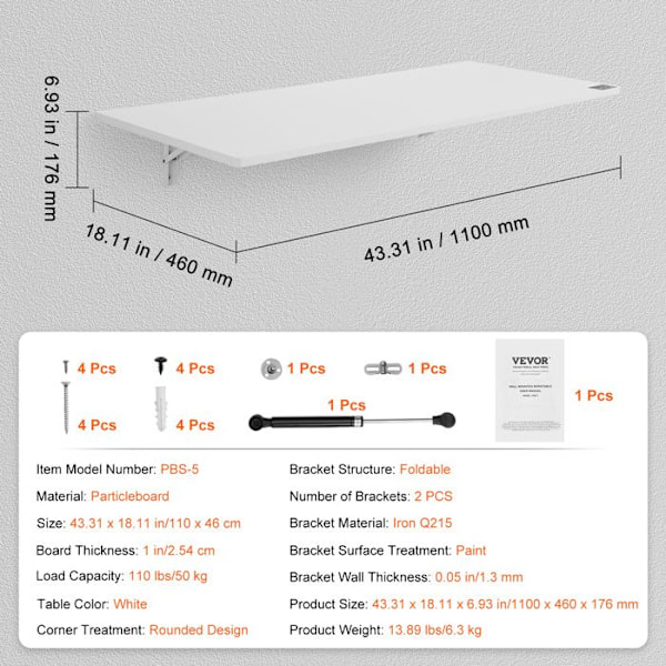 Väggmonterat fällbord-VEVOR-1100mm x 460mm-Vägghängt fällbord med järnställ-Hemmakontor,Bar-Vit