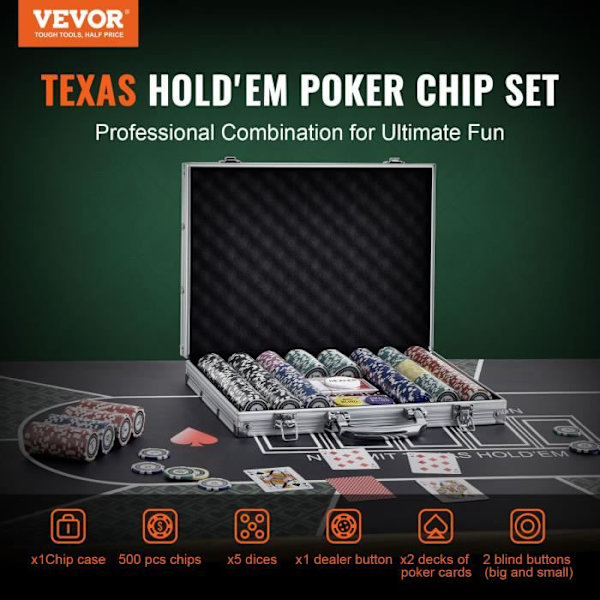 Komplett Ultimate Poker Kit - VEVOR - 500 marker - Tokens mått: 40 x 3,3 mm - PS plast + järn - Hemmakasino Flerfärgad