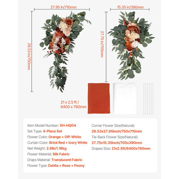 Bröllopsbåge - VEVOR - med 2 blommor, 2 genomskinliga gardiner - orange vit
