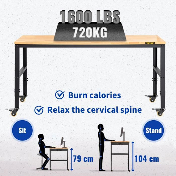 VEVOR Arbetsbänk Garage Verkstad Justerbart arbetsbord 4 hjul 122 x 51 cm