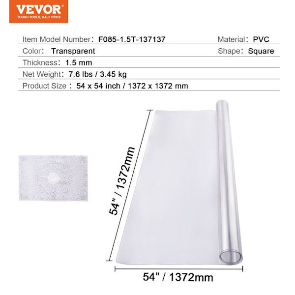 Transparent PVC-duk-VEVOR-1372x1372 mm-fyrkantigt skrivbordsskydd, lätt att rengöra för kontor, matsal Transparent