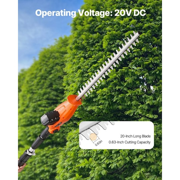 Trådlös Elektrisk Häcksax med Förlängningsskaft - VEVOR - 1,9-2,4 m 20 V Batteri 2 A - med 510 mm Blad - 5 Justerbara Vinklar
