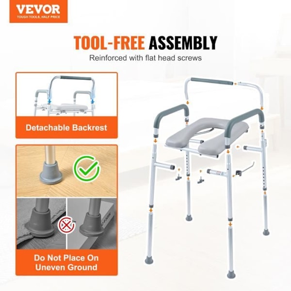 Kommodestol - VEVOR - 440 x 400 x 40 mm Vadderad Toalettsits Höjd Justerbar Äldre, 158,5 kg Kapacitet