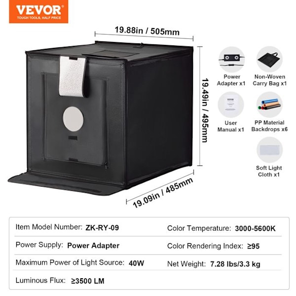 Photo Studio Light Box-VEVOR-50,5x49,5 cm-Photo Box Kit 3000-5600 K-3 Färgtemperaturer 160 LED