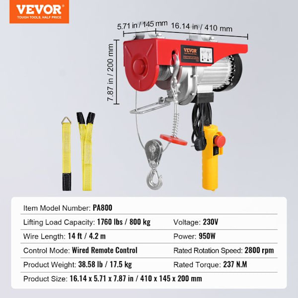 Elektrisk lyftanordning-VEVOR-belastning 800 kg-trådbunden fjärrkontroll 4,2 m-nödstopp, lyftlyft för garage, lager, fabrik