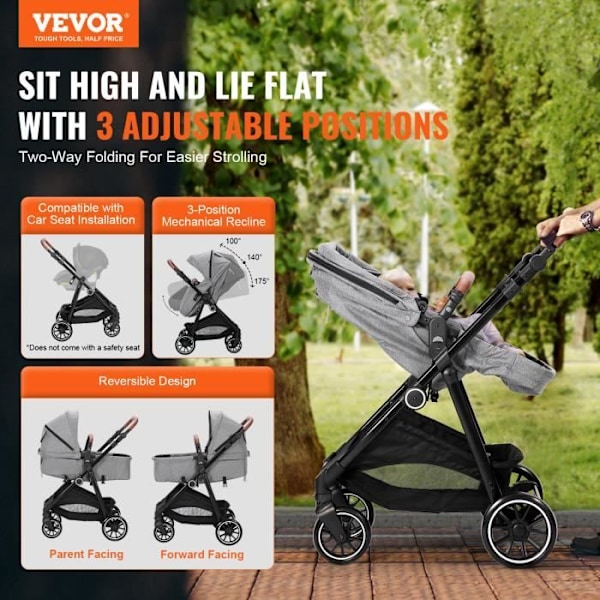 Barnvagn - VEVOR - Babyvagn för nyfödd med vändbar hopfällbar bassin Mörkgrå 880 x 600 x 1180 mm