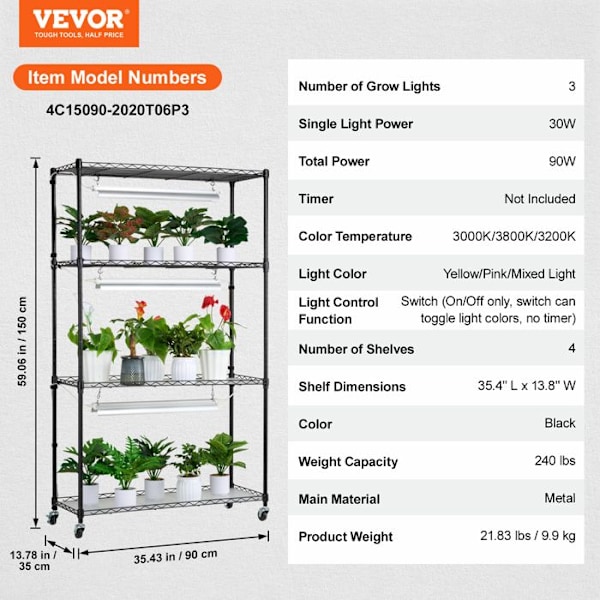 Växtställ med odlingslampor-VEVOR-90x35x150 cm-4 nivåer-90 W-för frönsgroning i trädgården