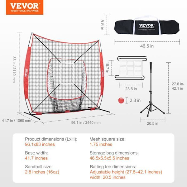 Baseballträning - VEVOR - 244x211 cm, 7,1 kg, med bågram, bärväska, Strike Zone, Ball, Batting Tee