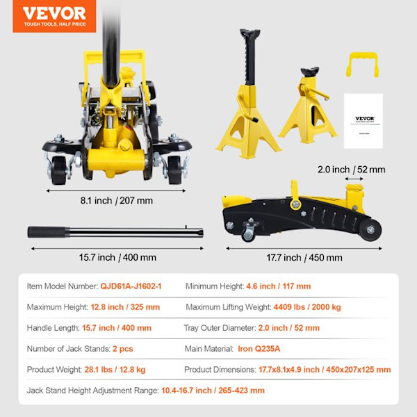 2 Tons Trolley Jack - VEVOR - Low Profile Hydraulic Floor Jack - Lyfthöjd 117-325 mm - Lift Truck SUV verkstad