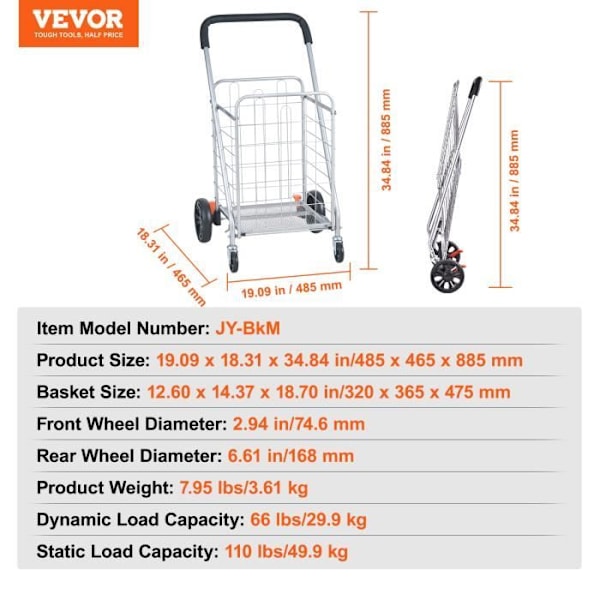 Hopfällbar kundvagn - VEVOR - 320 x 365 x 475 mm, maximal lastkapacitet 49,9 kg, Fällbar, silver, PP+EVA+kolstål