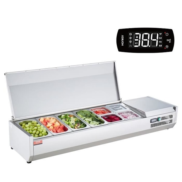 Saladette för kyld bänkskiva-VEVOR-155W- 4 1/3 kastrull och 4 1/6 kastruller-304 rostfritt stål Body-PC Lock-Köksingredienser