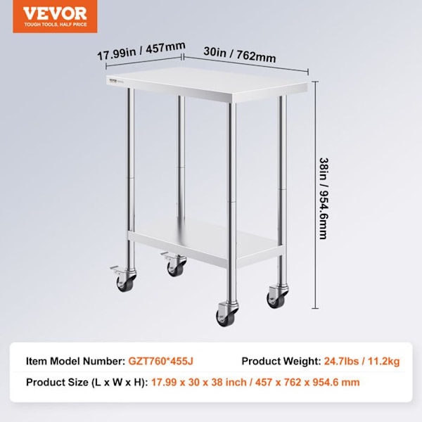Förberedelsebord i rostfritt stål - VEVOR - 762 x 457 x 954,6 mm - för kulinarisk, hushålls- och nyttig användning