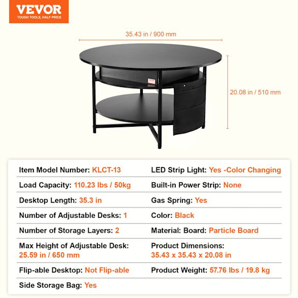 Soffbord med lyftbar skiva - VEVOR - Runt vardagsrumssoffbord med LED - Sidoförvaringspåsar - 90x90x51 cm - Svart Svart