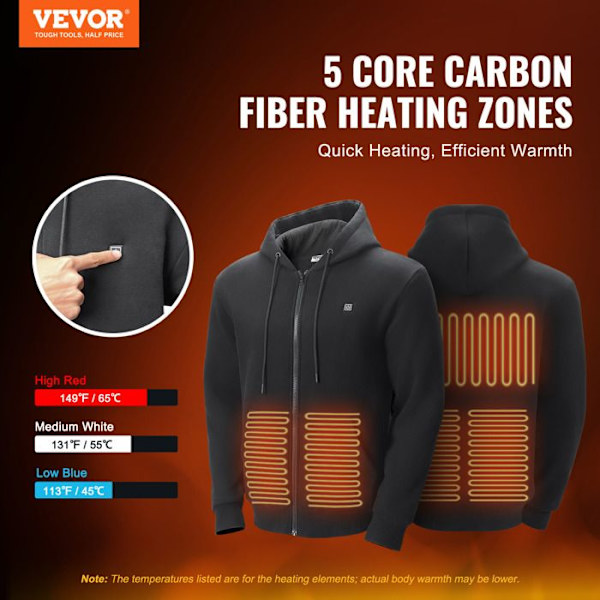 Uppvärmd hoodie-VEVOR-Unisex uppvärmd tröja-värmejacka med dragkedja med 5 värmezoner-svart Svart XXL
