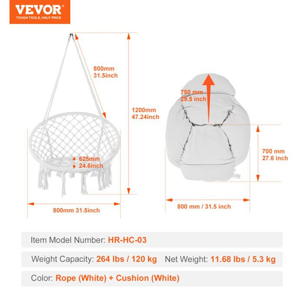 Hängfåtölj-VEVOR-Macramé Swivel Hängstol, Dyna-för sovrum, Terrass, Trädgård, Inomhus, Utomhus-Vit