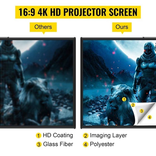 Projektionsduk med stativ VEVOR 100" - 16:9 HD - 4K - 160° - Polyester - Aluminiumlegering