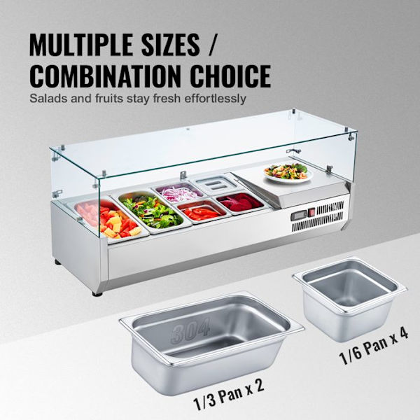 Kyld saladette till ställ-VEVOR-140 W-2 1/3,4 1/6 Pans-304 Rostfritt stålkropp, PC-lock-Smörgåsberedningsingredienser