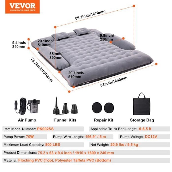 Säng i full storlek - VEVOR - 183-198 cm, maximal belastning 362,87 kg, präglad flockad PVC, PVC, PVC polyestertaft, med pump