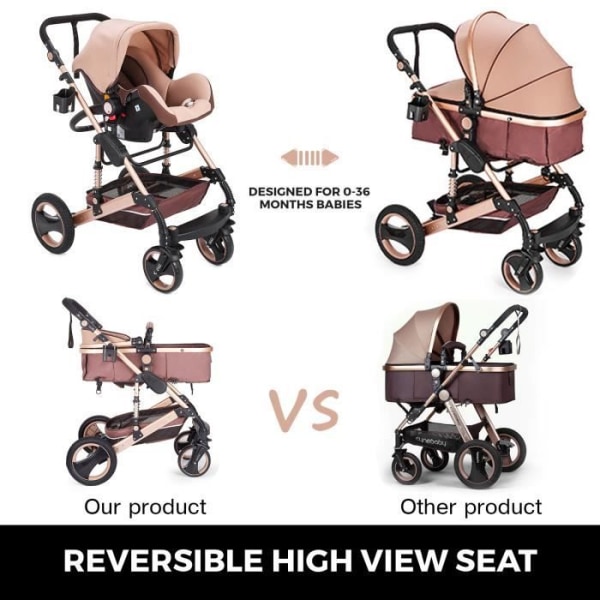 Barnvagn - VEVOR - 3 i 1 lyxig hopfällbar barnvagn med bilbarnstol - Anti-chock