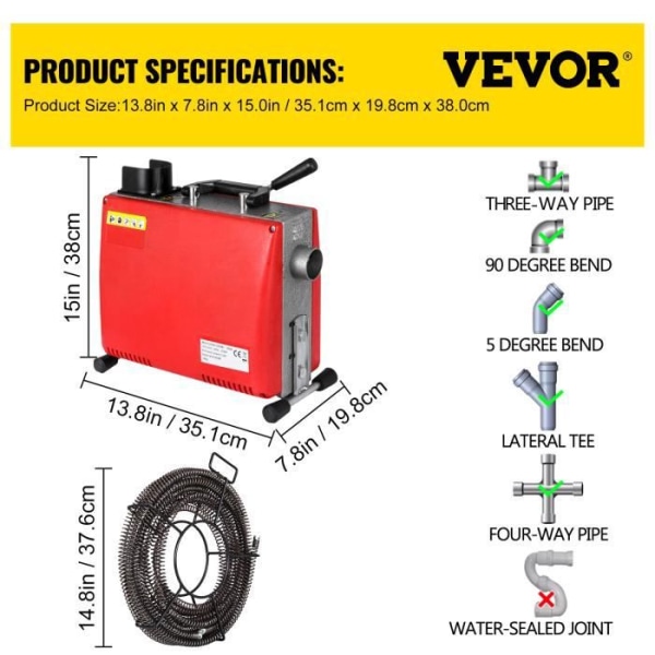 250W Elektrisk Rörrenare - VEVOR - Adaptersats med spiral - Röd