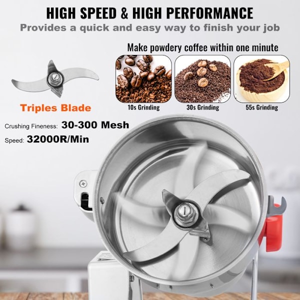 Kaffekvarn Elektrisk Kryddor-VEVOR-2500 g 3400 W-Kommerciell Kvarn-Hög Hastighet-Rostfritt Stål