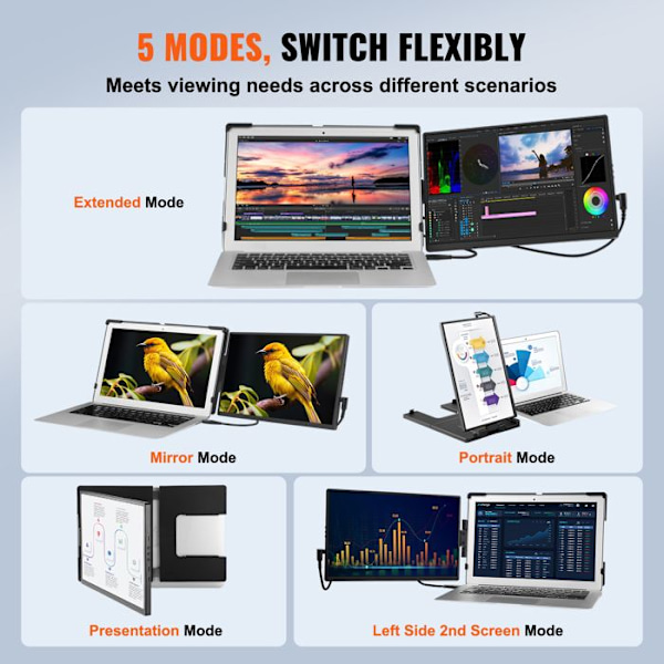 14" HD-portabel bildskärm-VEVOR-enkel vridbar skärm, USB-C/USB-A/Mini HDMI-port, kompatibel med Mac/Wins/Android/Switch/PS5